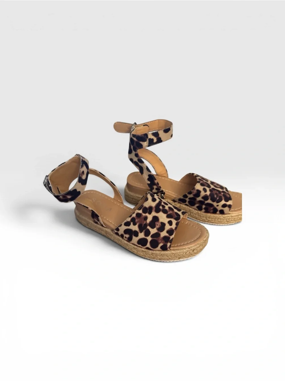 Soda Leopard Print Tan and Black Ankle-Strap Espadrille Sandals